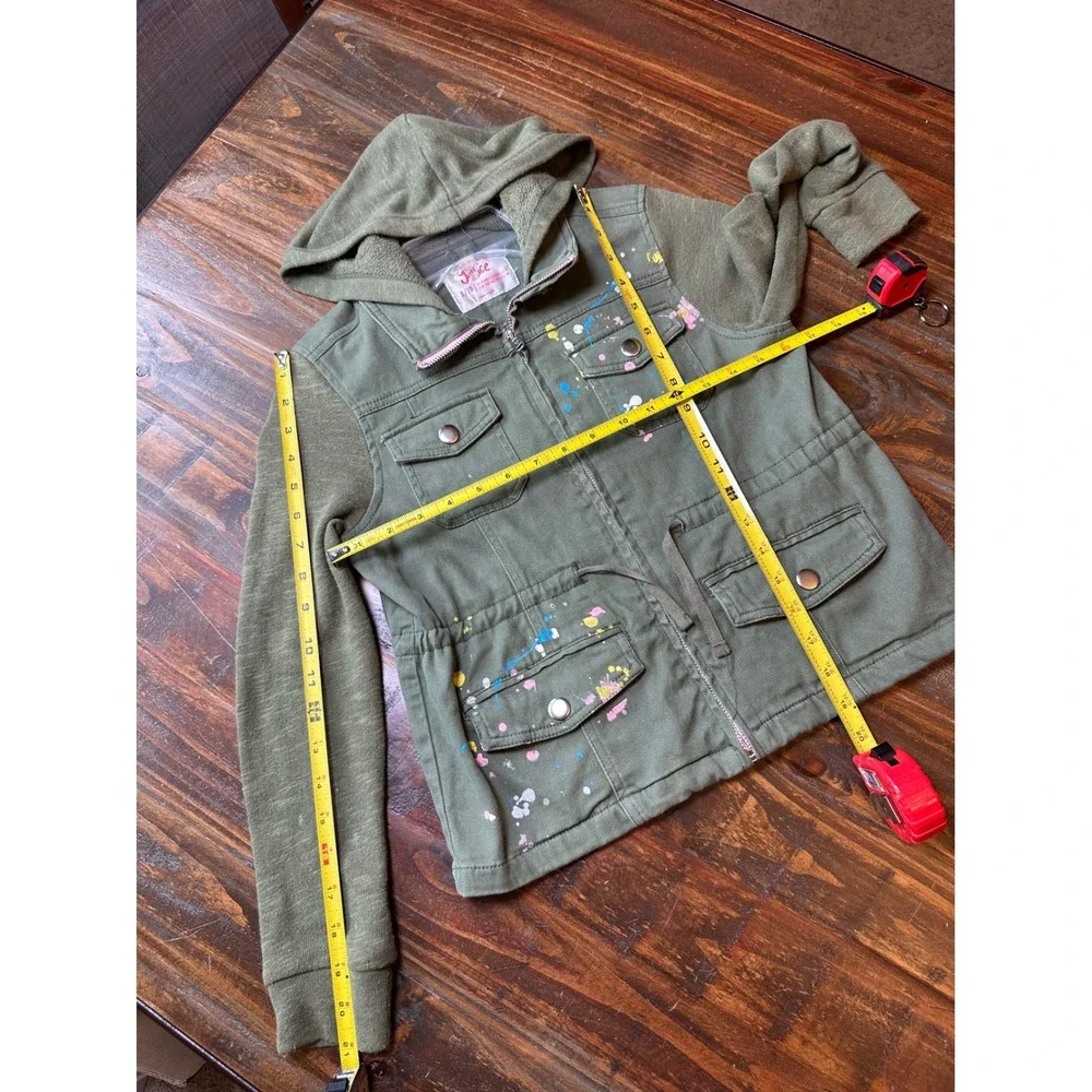 Justice Girls Olive Green Paint Splatter Utility Jacket Hooded Size 8/10‎ M